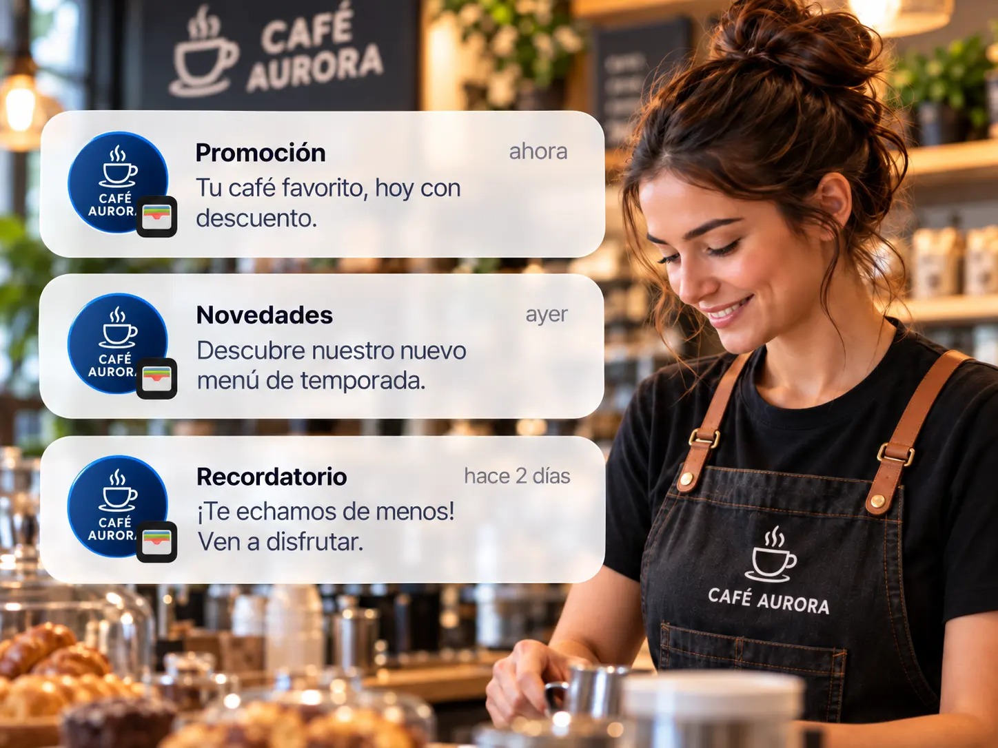 Notificaciones push de Café Aurora sobre una barista